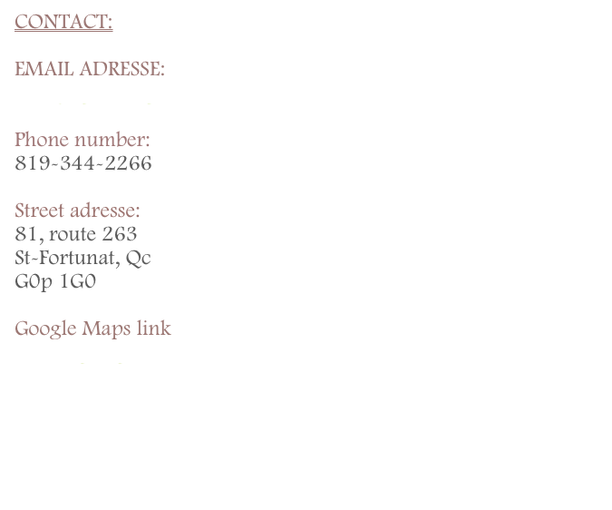 CONTACT:

EMAIL ADRESSE:
info@agora.org
 Phone number: 819-344-2266  Street adresse: 81, route 263 St-Fortunat, Qc G0p 1G0  Google Maps link http://goo.gl/maps/Tf6TG    