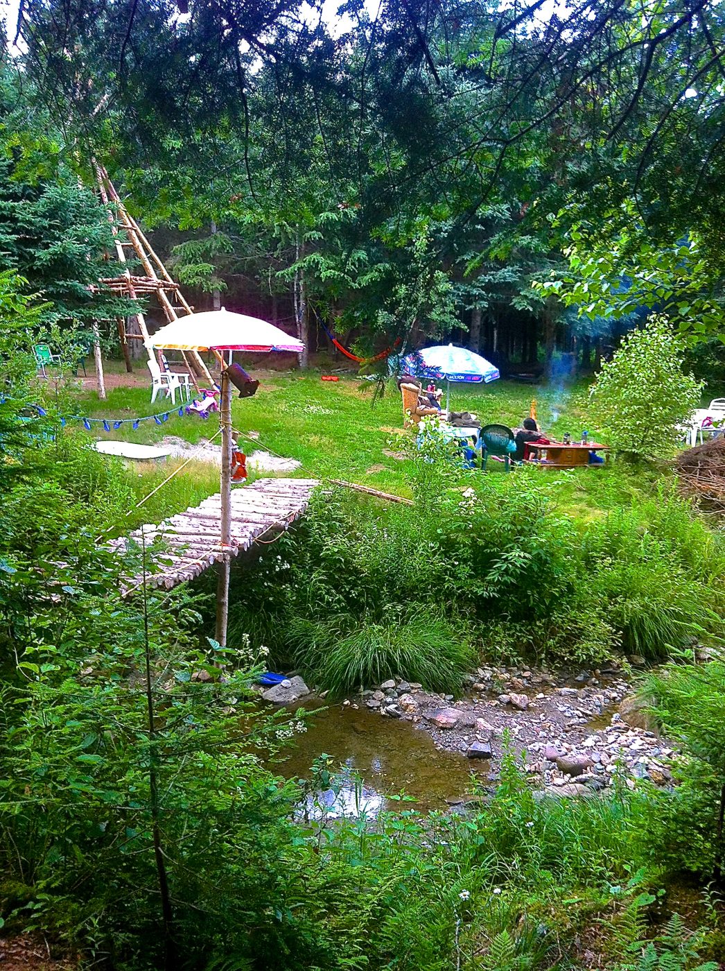 Le tipi et la yourte dans la clairière.