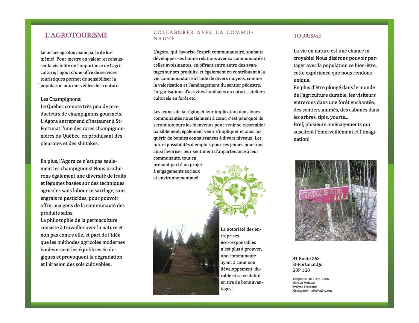 La brochure de 2013, verso : l'agrotourisme, les champignons, la permaculture, la communauté.