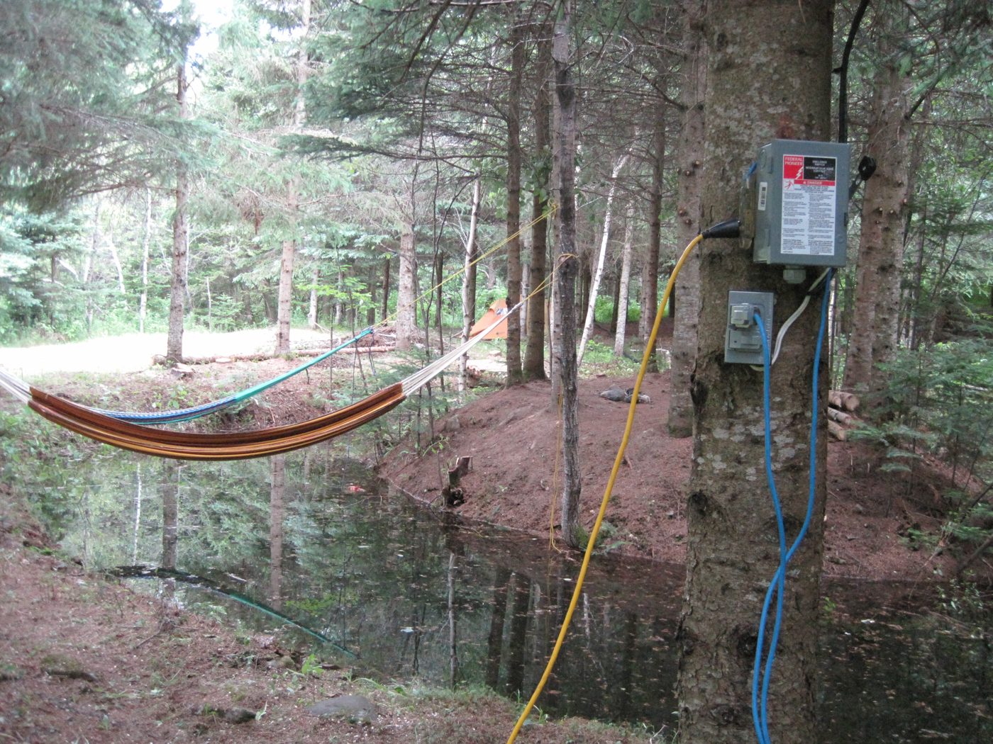 4 juillet 2010 : le premier hamac au-dessus de l'étang, et une boîte électrique sur un arbre.